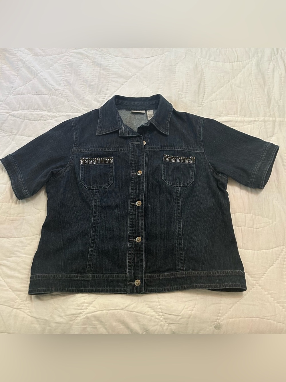 Chico’s denim jacket short sleeves rhinestone embellished pockets size XL